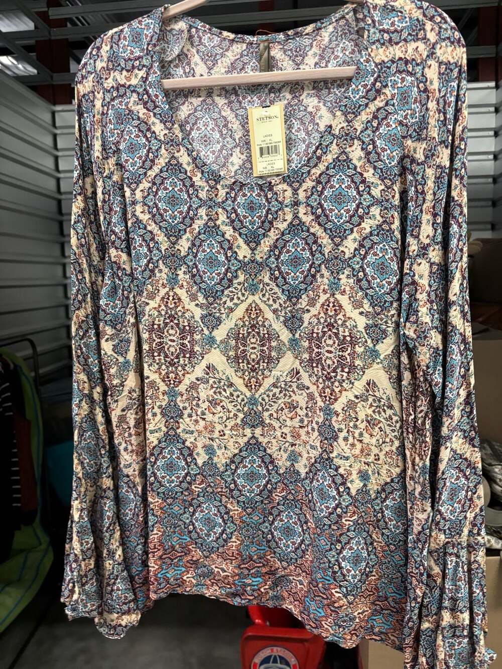 Stetson Ladies Paisley Print Bell Sleeve V-Neck Blouse Size XL
